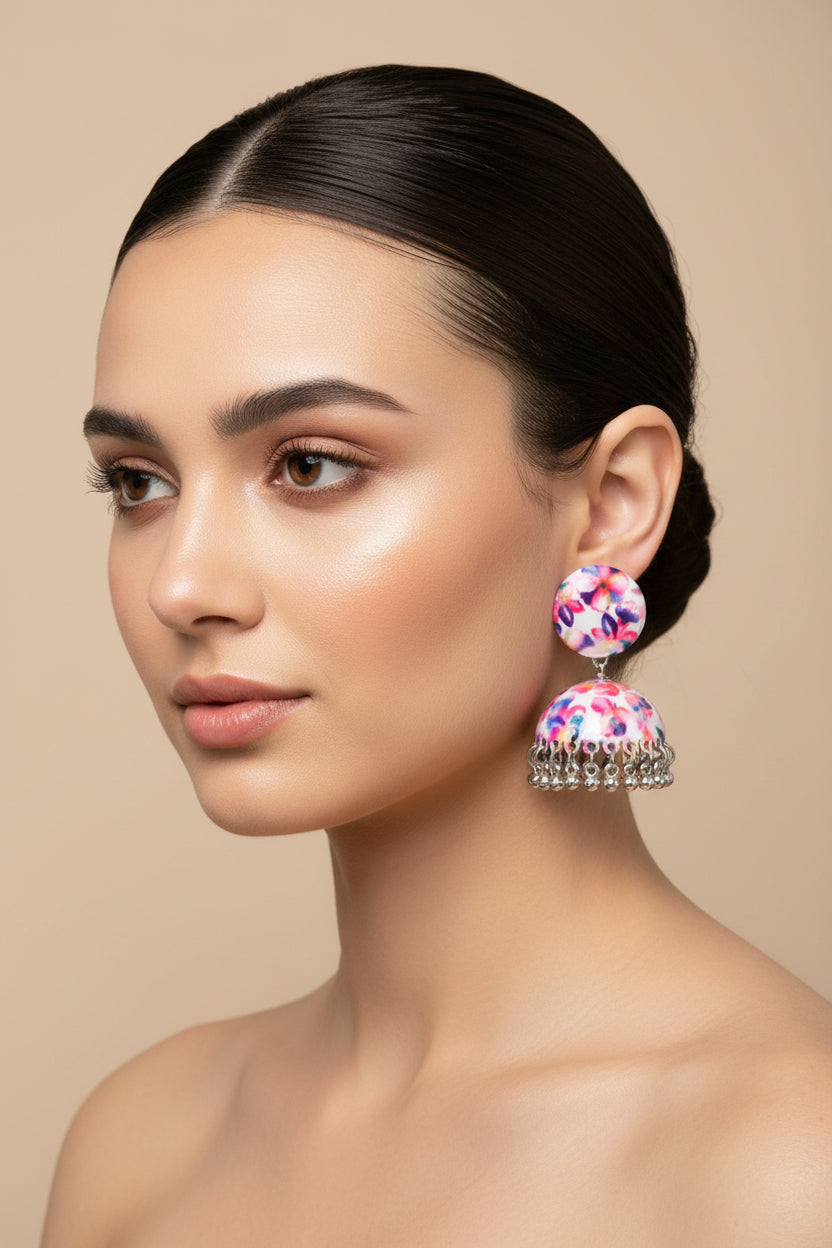 Oxidised silver pink and white shade earrings for women's ✨